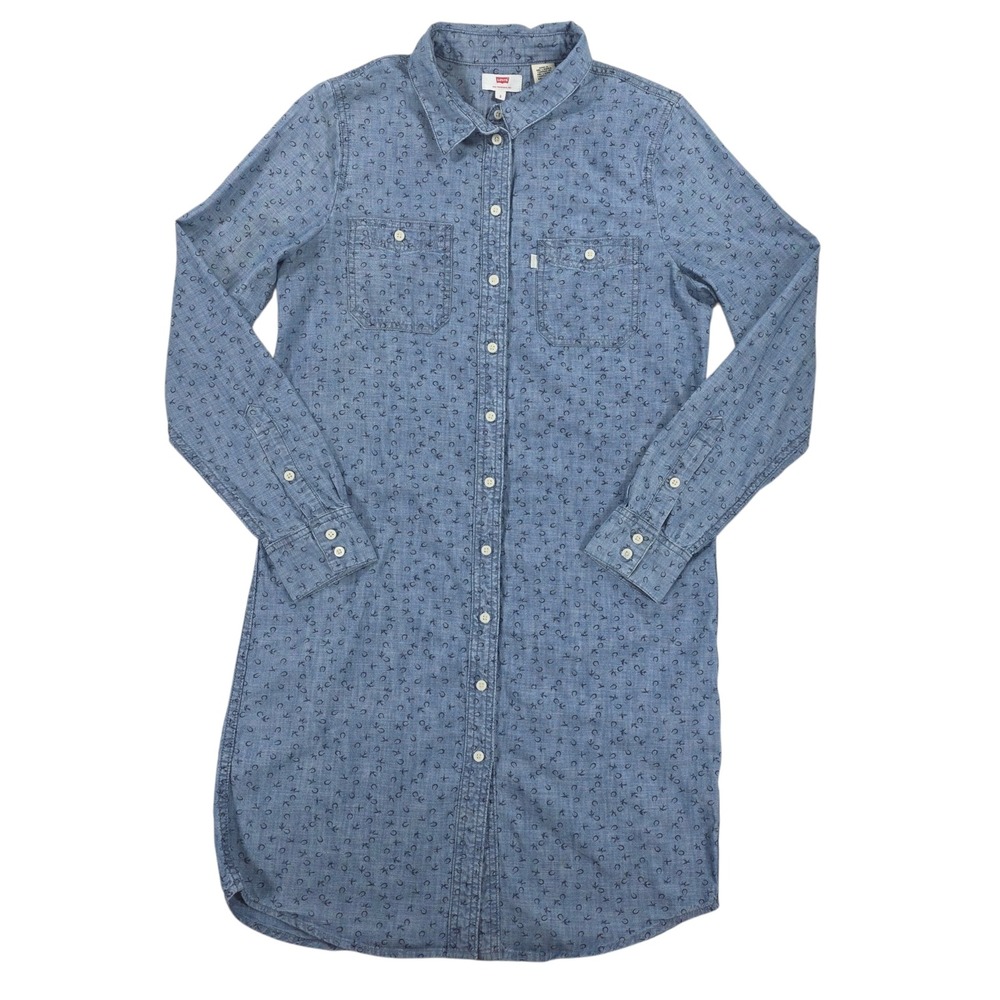 Levi's Horseshoe Print Blue Chambray Button Down Shirt Dress Blue S Womens